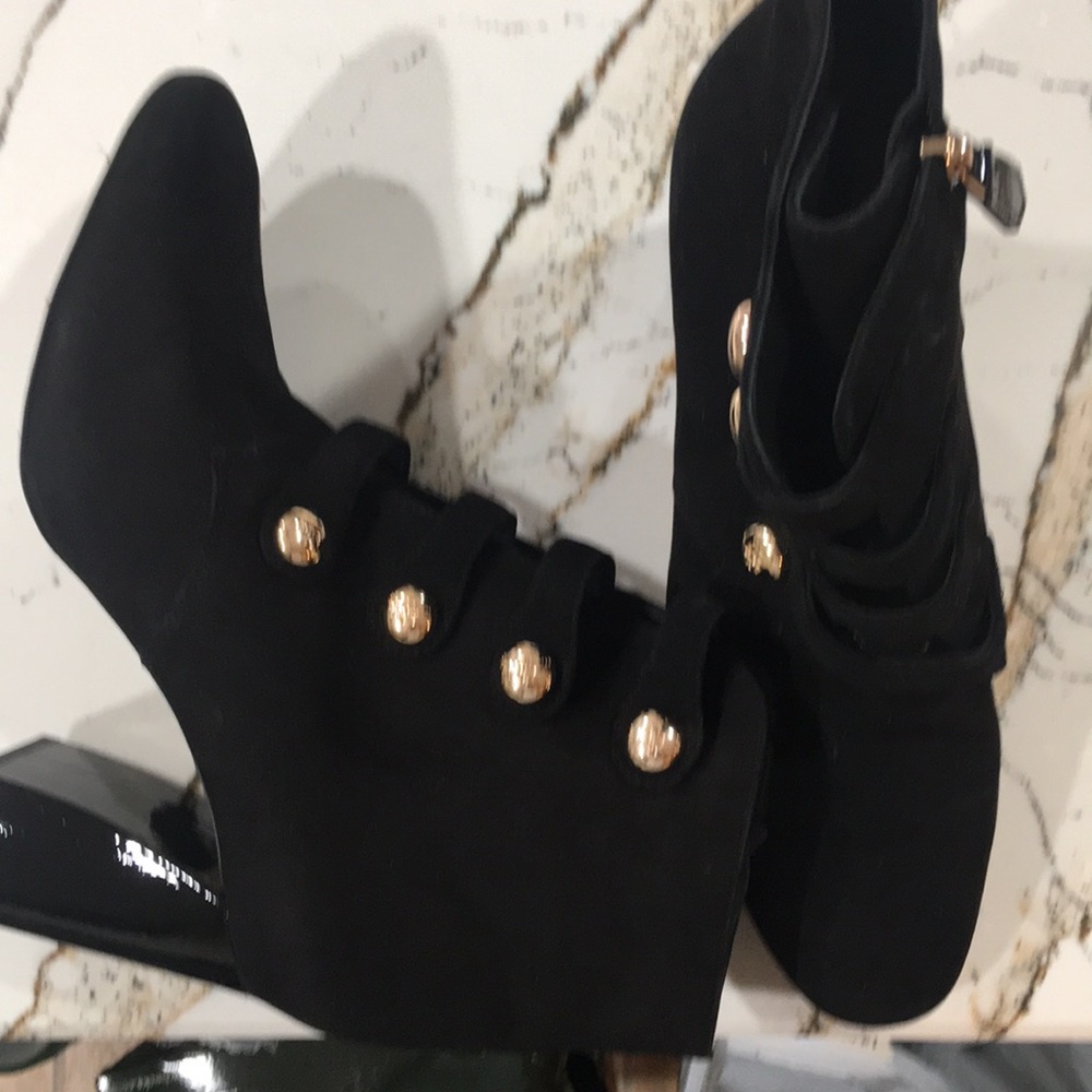 Brand new suede black and gold patent-heel boot